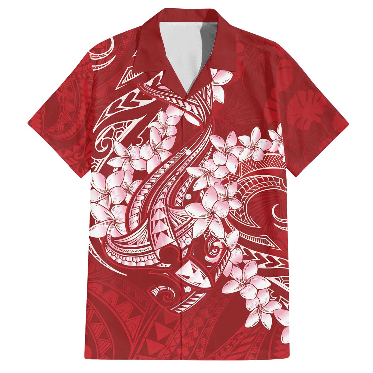 Red Polynesia Hammerhead Shark Tattoo With Plumeria Lei Family Matching Off The Shoulder Long Sleeve Dress and Hawaiian Shirt