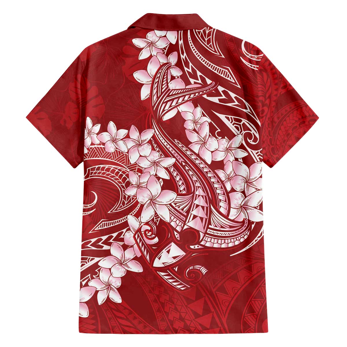 Red Polynesia Hammerhead Shark Tattoo With Plumeria Lei Family Matching Off The Shoulder Long Sleeve Dress and Hawaiian Shirt