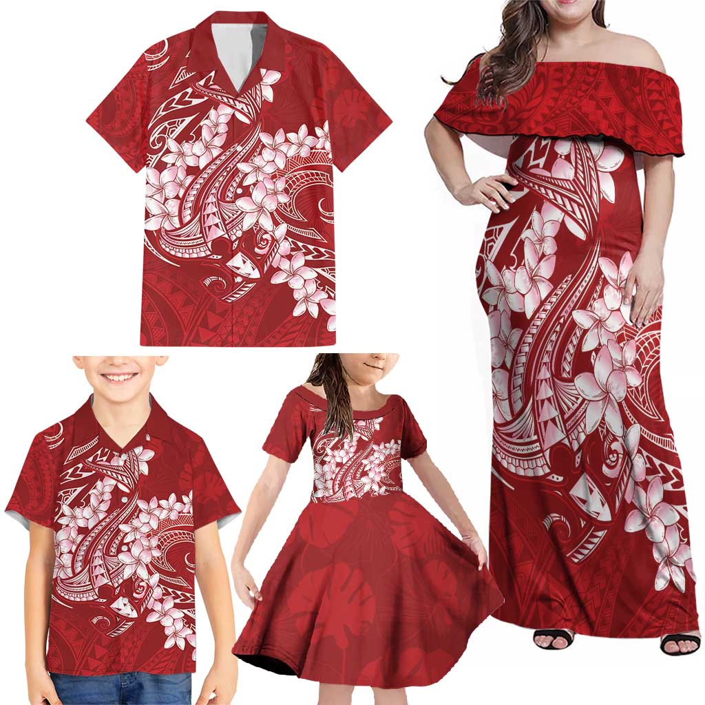 Red Polynesia Hammerhead Shark Tattoo With Plumeria Lei Family Matching Off Shoulder Maxi Dress and Hawaiian Shirt