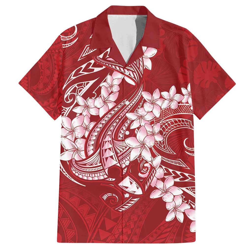 Red Polynesia Hammerhead Shark Tattoo With Plumeria Lei Family Matching Off Shoulder Maxi Dress and Hawaiian Shirt