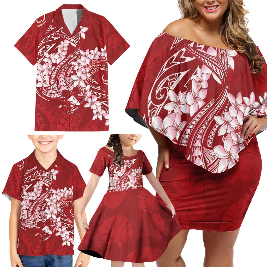 Red Polynesia Hammerhead Shark Tattoo With Plumeria Lei Family Matching Off Shoulder Short Dress and Hawaiian Shirt