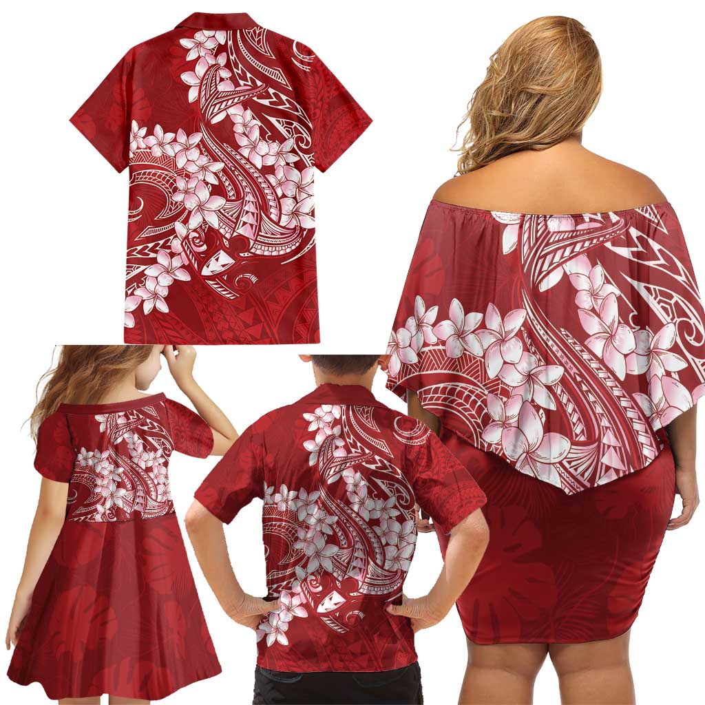 Red Polynesia Hammerhead Shark Tattoo With Plumeria Lei Family Matching Off Shoulder Short Dress and Hawaiian Shirt