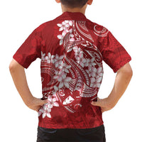 Red Polynesia Hammerhead Shark Tattoo With Plumeria Lei Family Matching Short Sleeve Bodycon Dress and Hawaiian Shirt