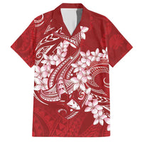 Red Polynesia Hammerhead Shark Tattoo With Plumeria Lei Family Matching Short Sleeve Bodycon Dress and Hawaiian Shirt