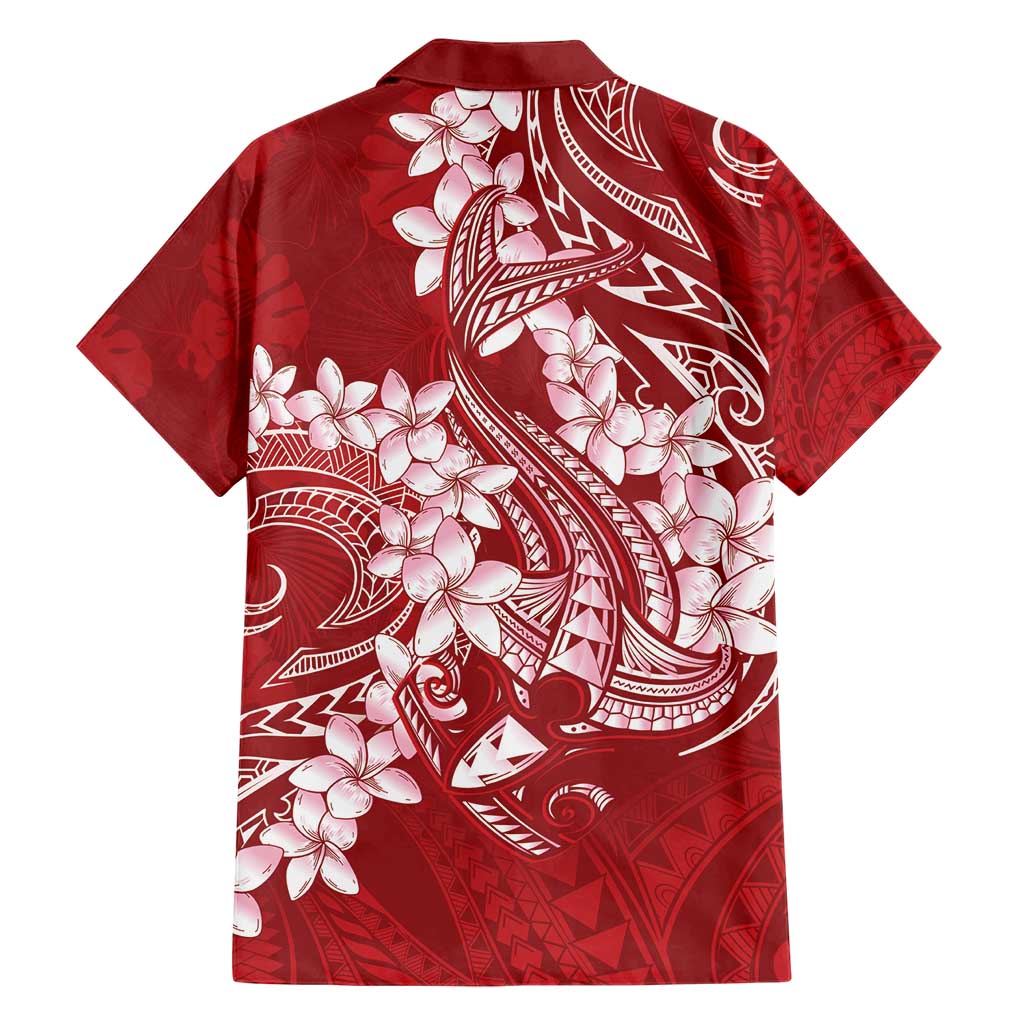 Red Polynesia Hammerhead Shark Tattoo With Plumeria Lei Family Matching Short Sleeve Bodycon Dress and Hawaiian Shirt