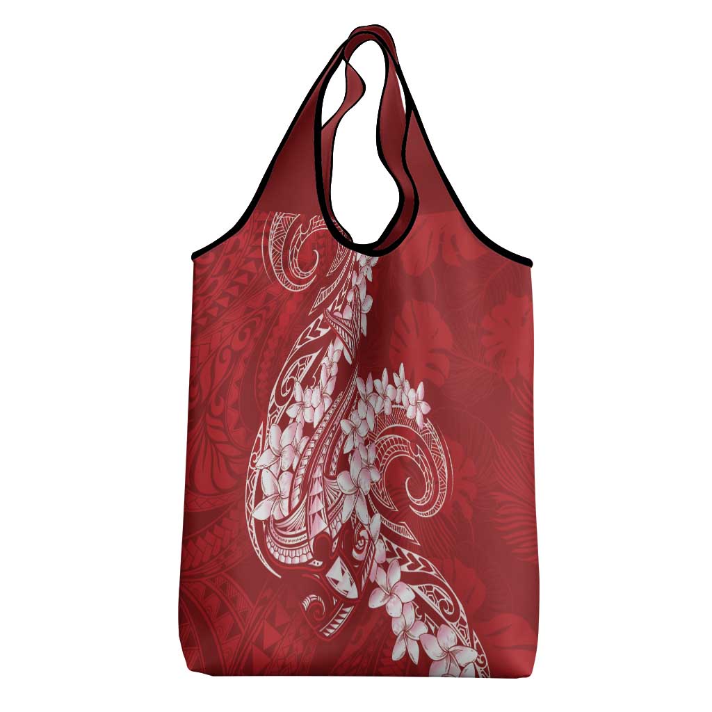 Red Polynesia Hammerhead Shark Tattoo With Plumeria Lei Grocery Bag