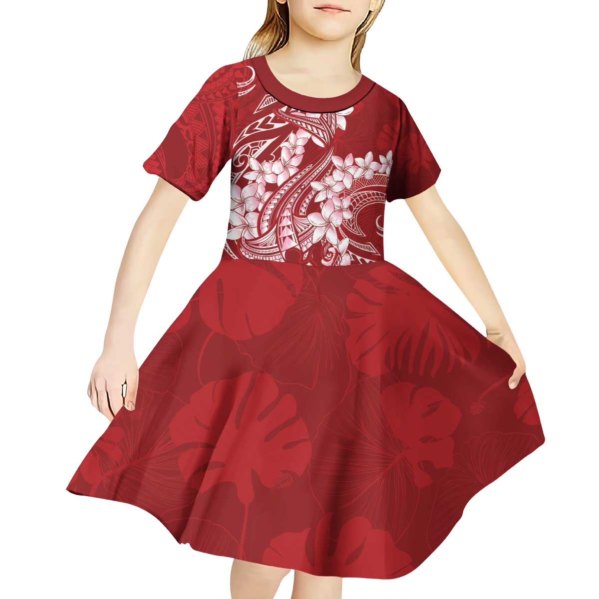 Red Polynesia Hammerhead Shark Tattoo With Plumeria Lei Kid Short Sleeve Dress