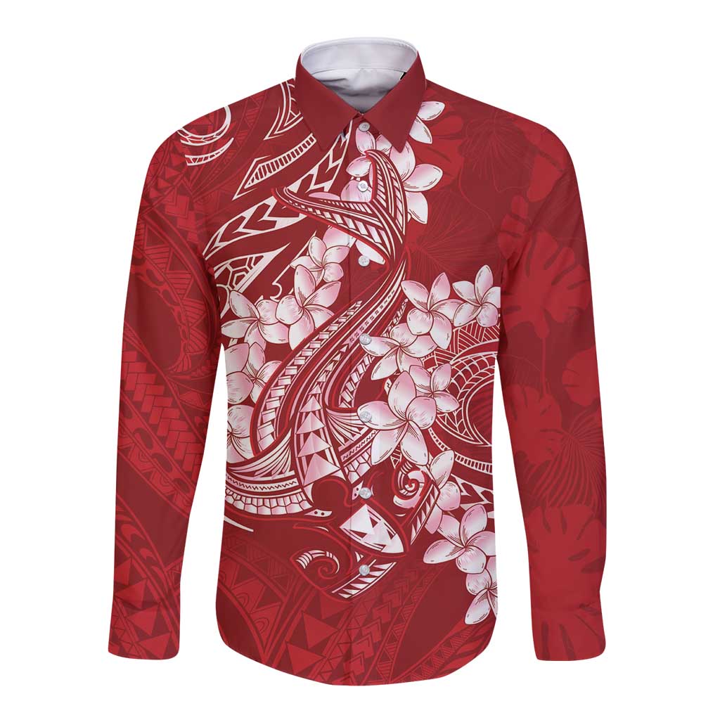 Red Polynesia Hammerhead Shark Tattoo With Plumeria Lei Long Sleeve Button Shirt LT14 Unisex Red - Polynesian Pride