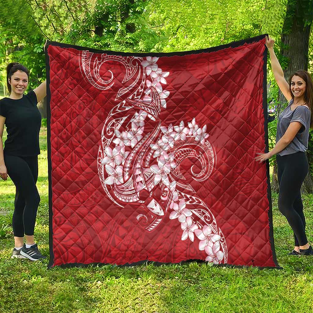 Red Polynesia Hammerhead Shark Tattoo With Plumeria Lei Quilt