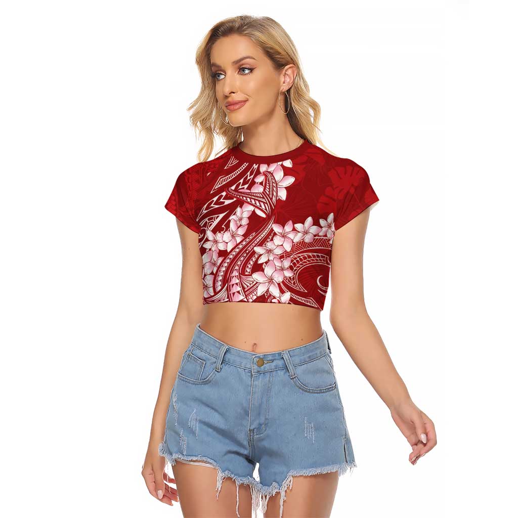 Red Polynesia Hammerhead Shark Tattoo With Plumeria Lei Raglan Cropped T Shirt