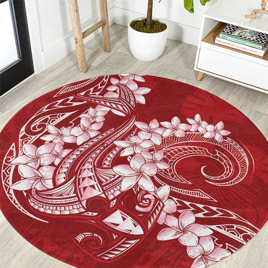 Red Polynesia Hammerhead Shark Tattoo With Plumeria Lei Round Carpet