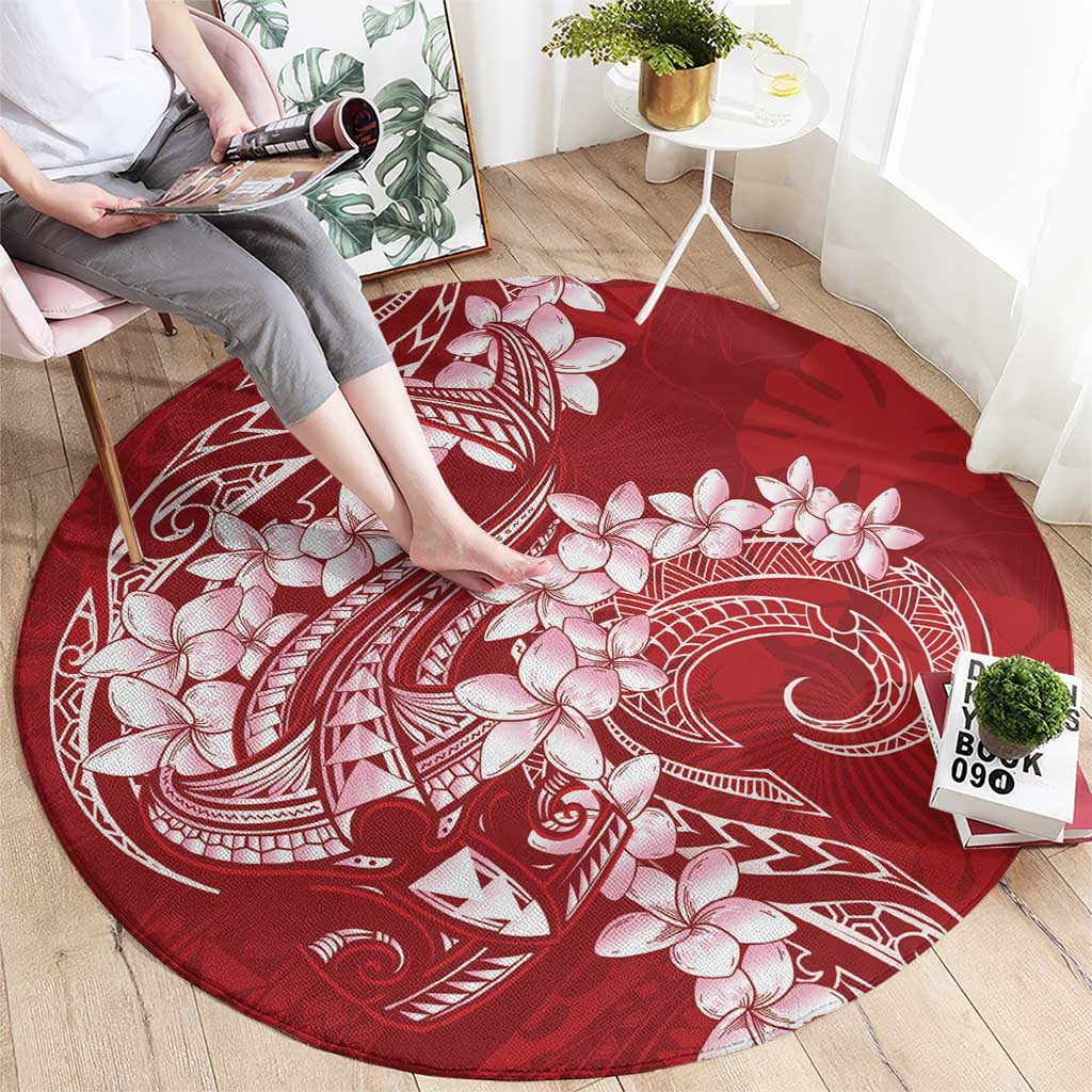 Red Polynesia Hammerhead Shark Tattoo With Plumeria Lei Round Carpet