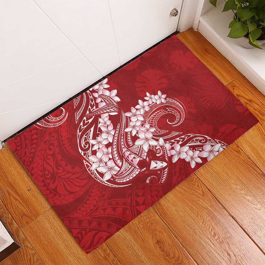 Red Polynesia Hammerhead Shark Tattoo With Plumeria Lei Rubber Doormat