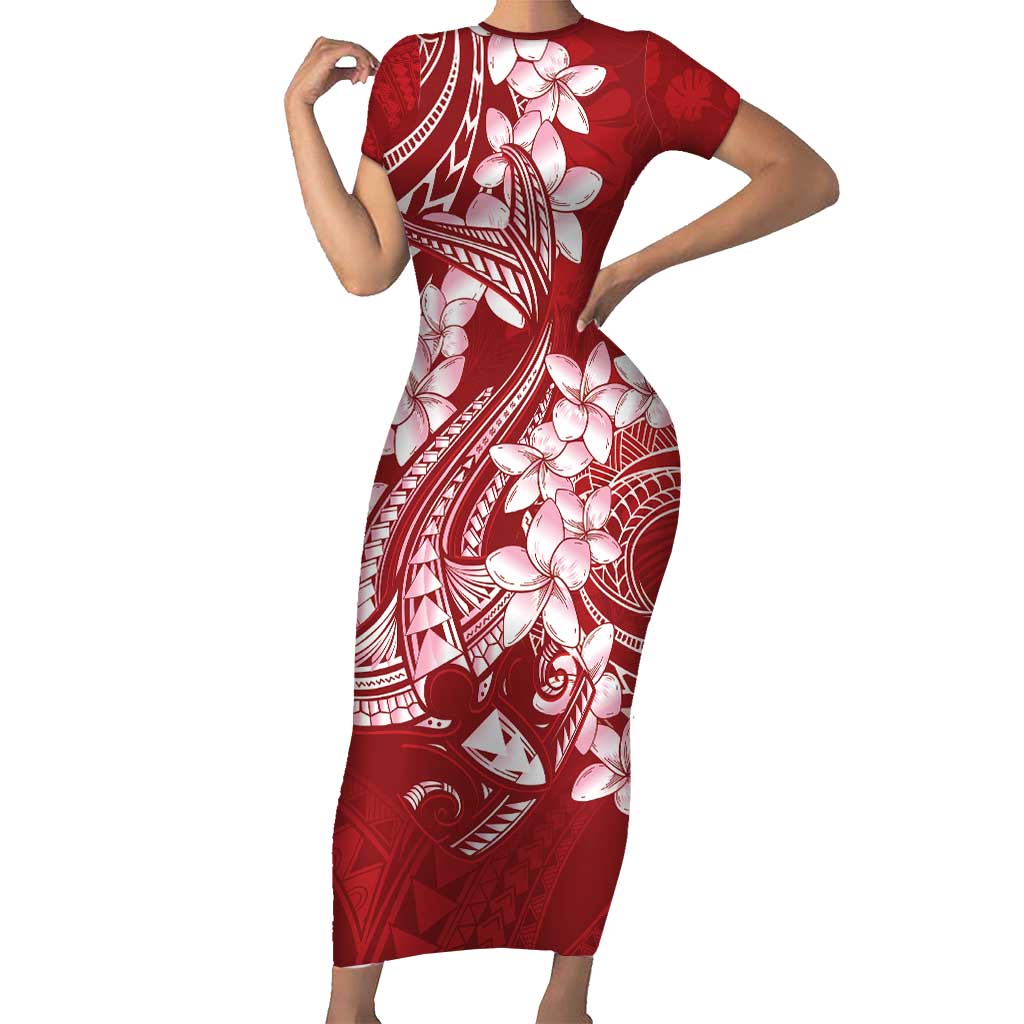 Red Polynesia Hammerhead Shark Tattoo With Plumeria Lei Short Sleeve Bodycon Dress