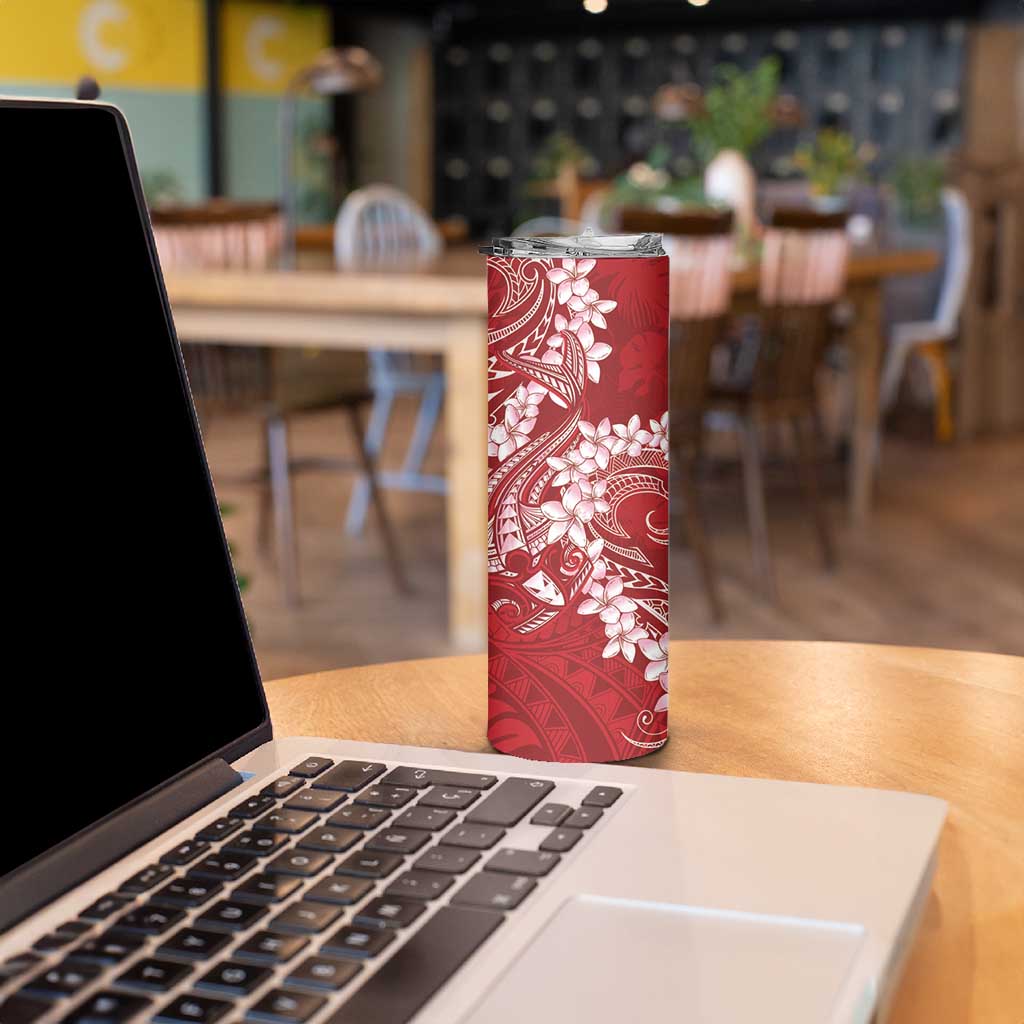 Red Polynesia Hammerhead Shark Tattoo With Plumeria Lei Skinny Tumbler