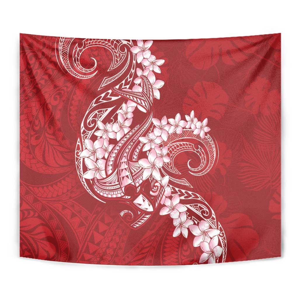 Red Polynesia Hammerhead Shark Tattoo With Plumeria Lei Tapestry