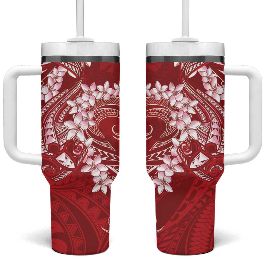 Red Polynesia Hammerhead Shark Tattoo With Plumeria Lei Tumbler With Handle