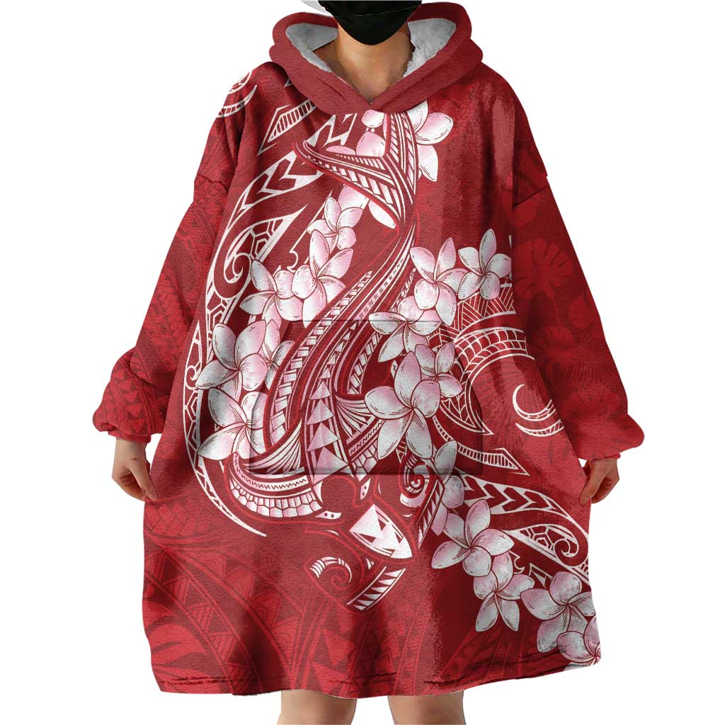 Red Polynesia Hammerhead Shark Tattoo With Plumeria Lei Wearable Blanket Hoodie