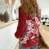 Red Polynesia Hammerhead Shark Tattoo With Plumeria Lei Women Casual Shirt