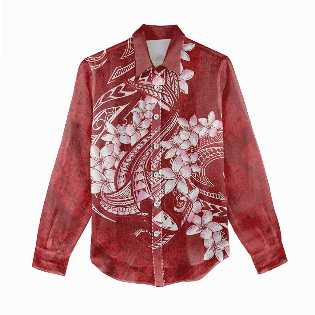Red Polynesia Hammerhead Shark Tattoo With Plumeria Lei Women Casual Shirt