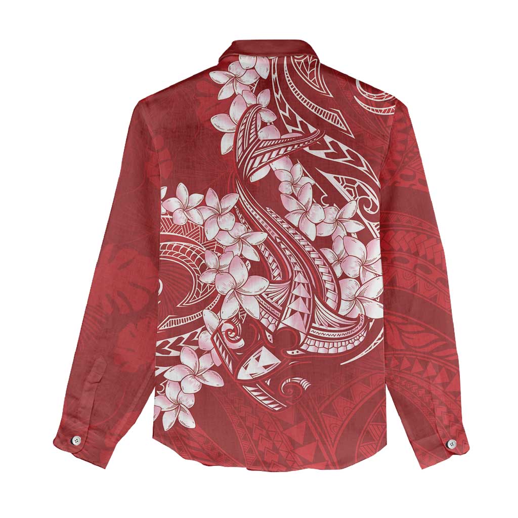 Red Polynesia Hammerhead Shark Tattoo With Plumeria Lei Women Casual Shirt