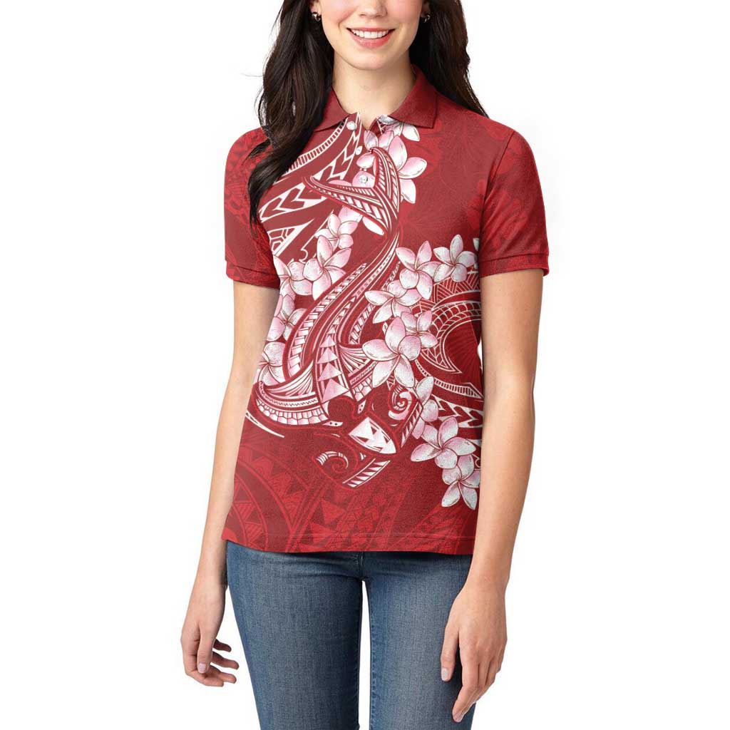 Red Polynesia Hammerhead Shark Tattoo With Plumeria Lei Women Polo Shirt