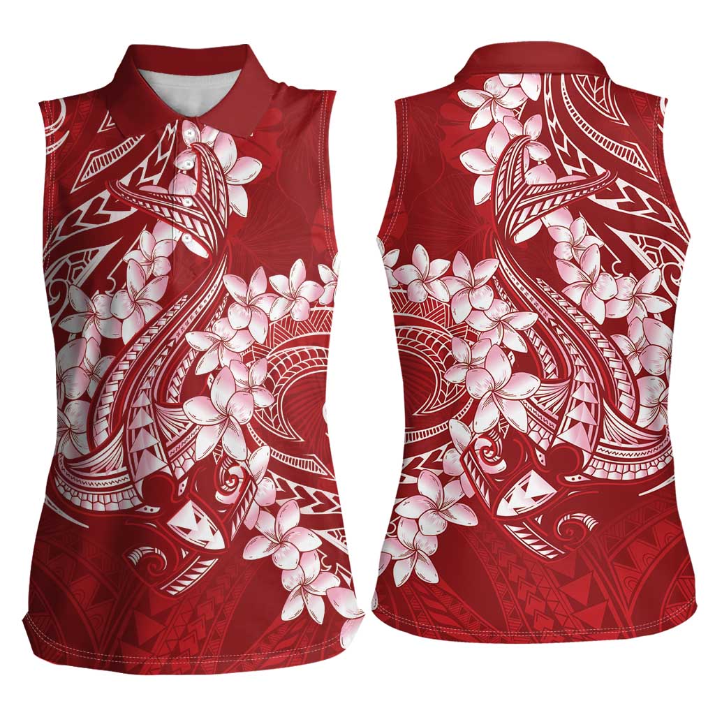 Red Polynesia Hammerhead Shark Tattoo With Plumeria Lei Women Sleeveless Polo Shirt