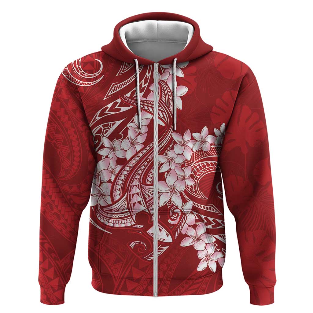 Red Polynesia Hammerhead Shark Tattoo With Plumeria Lei Zip Hoodie LT14 Zip Hoodie Red - Polynesian Pride