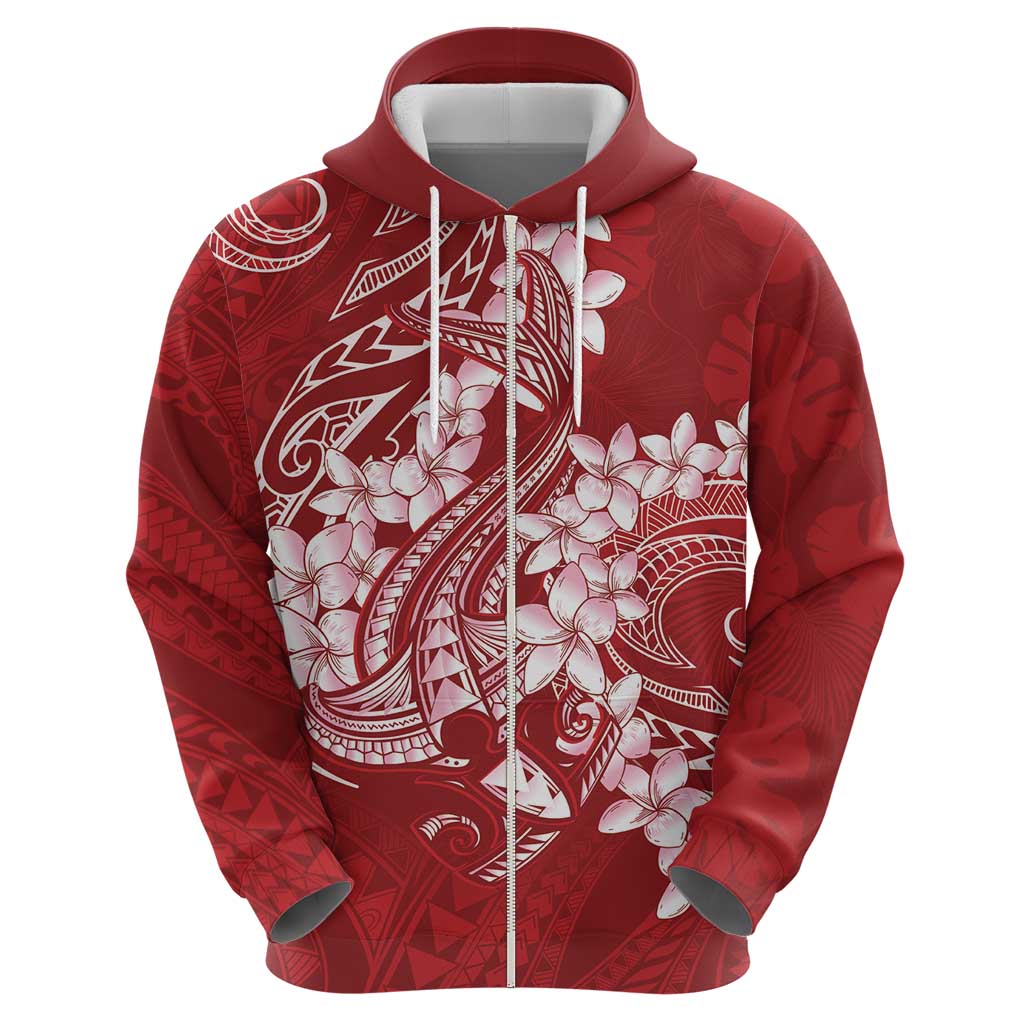 Red Polynesia Hammerhead Shark Tattoo With Plumeria Lei Zip Hoodie LT14 - Polynesian Pride