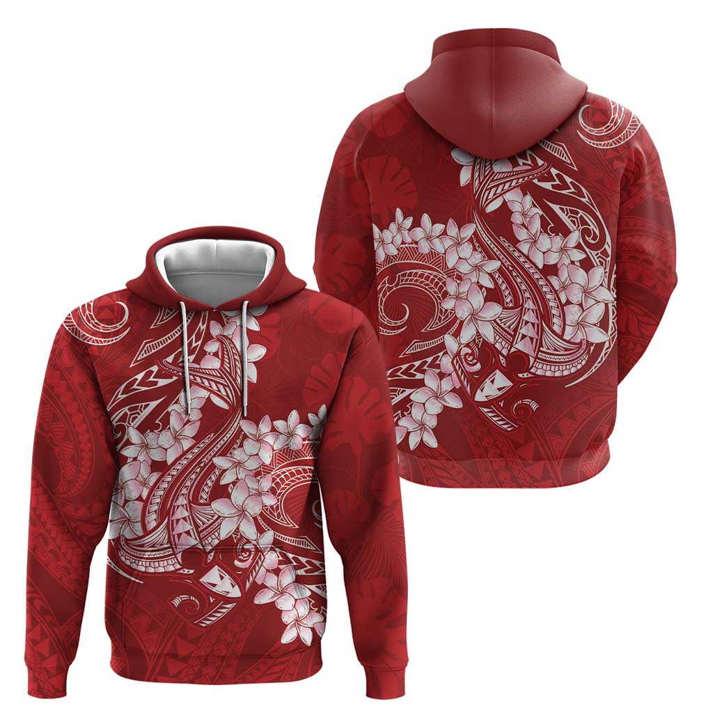 Red Polynesia Hammerhead Shark Tattoo With Plumeria Lei Zip Hoodie LT14 - Polynesian Pride