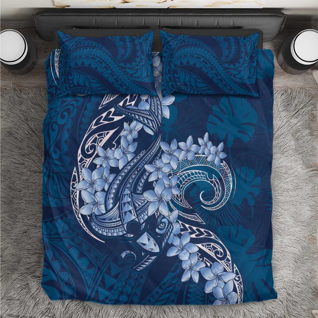 Navy Blue Polynesia Hammerhead Shark Tattoo With Plumeria Lei Bedding Set