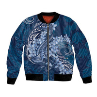 Navy Blue Polynesia Hammerhead Shark Tattoo With Plumeria Lei Bomber Jacket