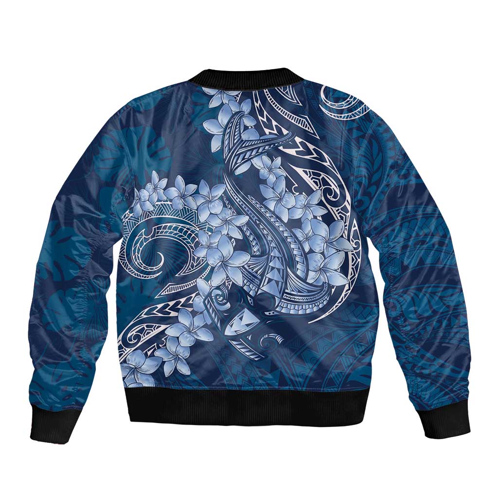Navy Blue Polynesia Hammerhead Shark Tattoo With Plumeria Lei Bomber Jacket