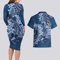 Navy Blue Polynesia Hammerhead Shark Tattoo With Plumeria Lei Couples Matching Long Sleeve Bodycon Dress and Hawaiian Shirt