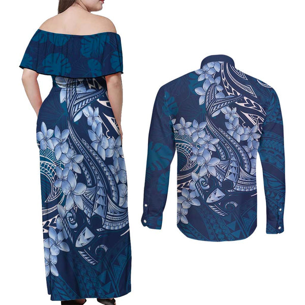French Polynesia Tahiti Couples Matching Summer Maxi Dress and Long Sleeve Button Shirts Polynesian Shark Tattoo With Hibiscus Blue Version LT14