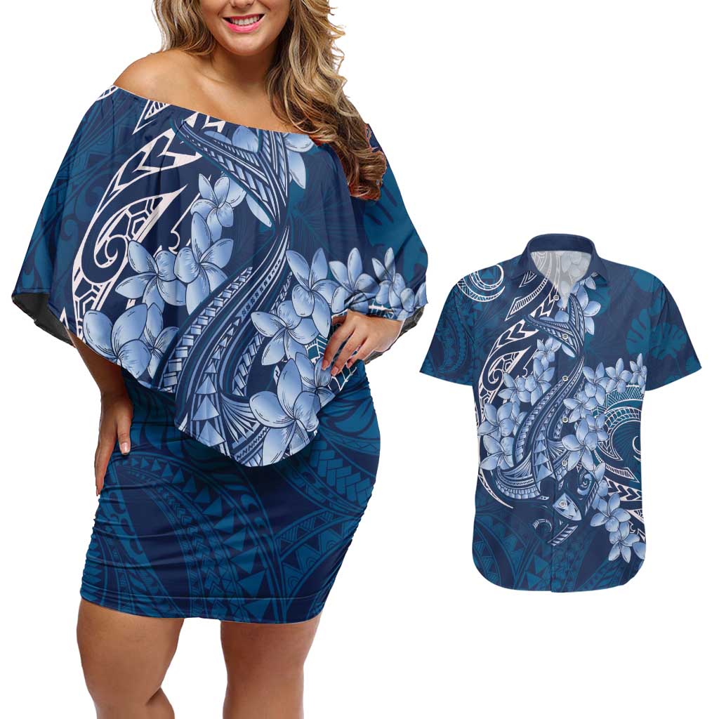 Navy Blue Polynesia Hammerhead Shark Tattoo With Plumeria Lei Couples Matching Off Shoulder Short Dress and Hawaiian Shirt