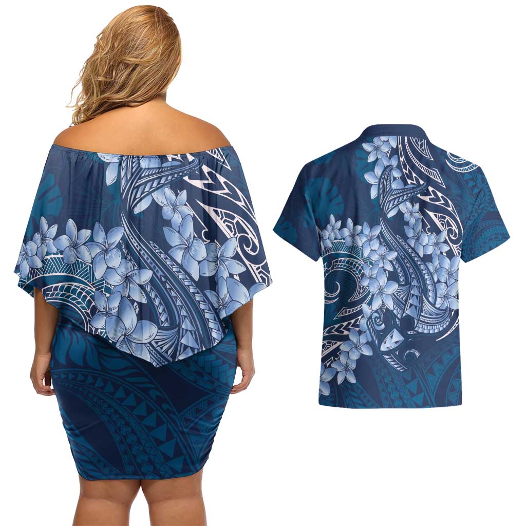 Navy Blue Polynesia Hammerhead Shark Tattoo With Plumeria Lei Couples Matching Off Shoulder Short Dress and Hawaiian Shirt