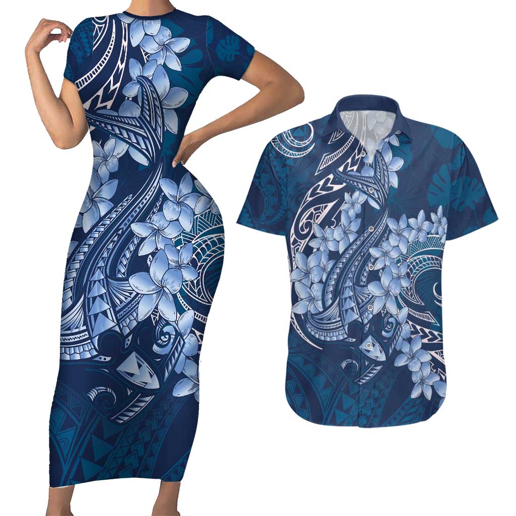 Navy Blue Polynesia Hammerhead Shark Tattoo With Plumeria Lei Couples Matching Short Sleeve Bodycon Dress and Hawaiian Shirt