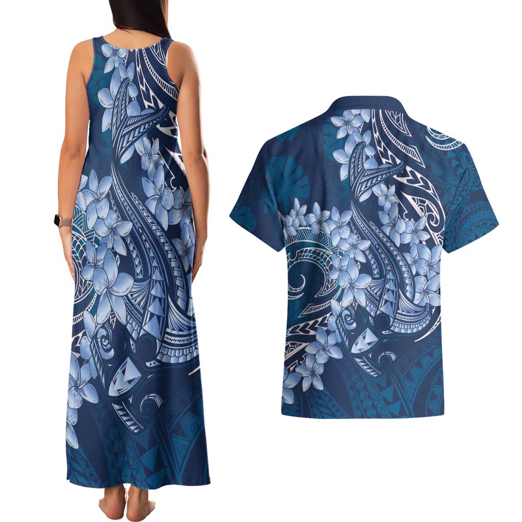 Navy Blue Polynesia Hammerhead Shark Tattoo With Plumeria Lei Couples Matching Tank Maxi Dress and Hawaiian Shirt