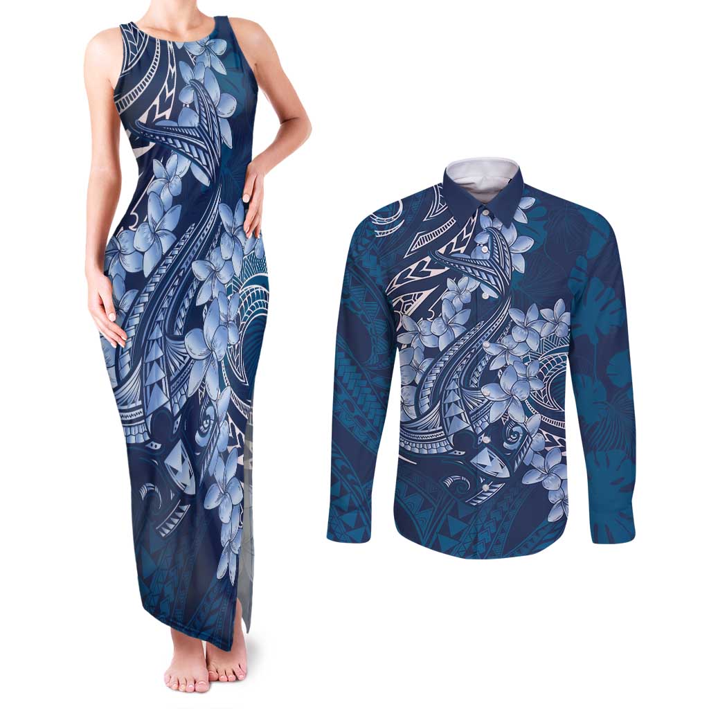 Navy Blue Polynesia Hammerhead Shark Tattoo With Plumeria Lei Couples Matching Tank Maxi Dress and Long Sleeve Button Shirt