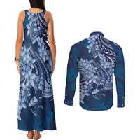 Navy Blue Polynesia Hammerhead Shark Tattoo With Plumeria Lei Couples Matching Tank Maxi Dress and Long Sleeve Button Shirt