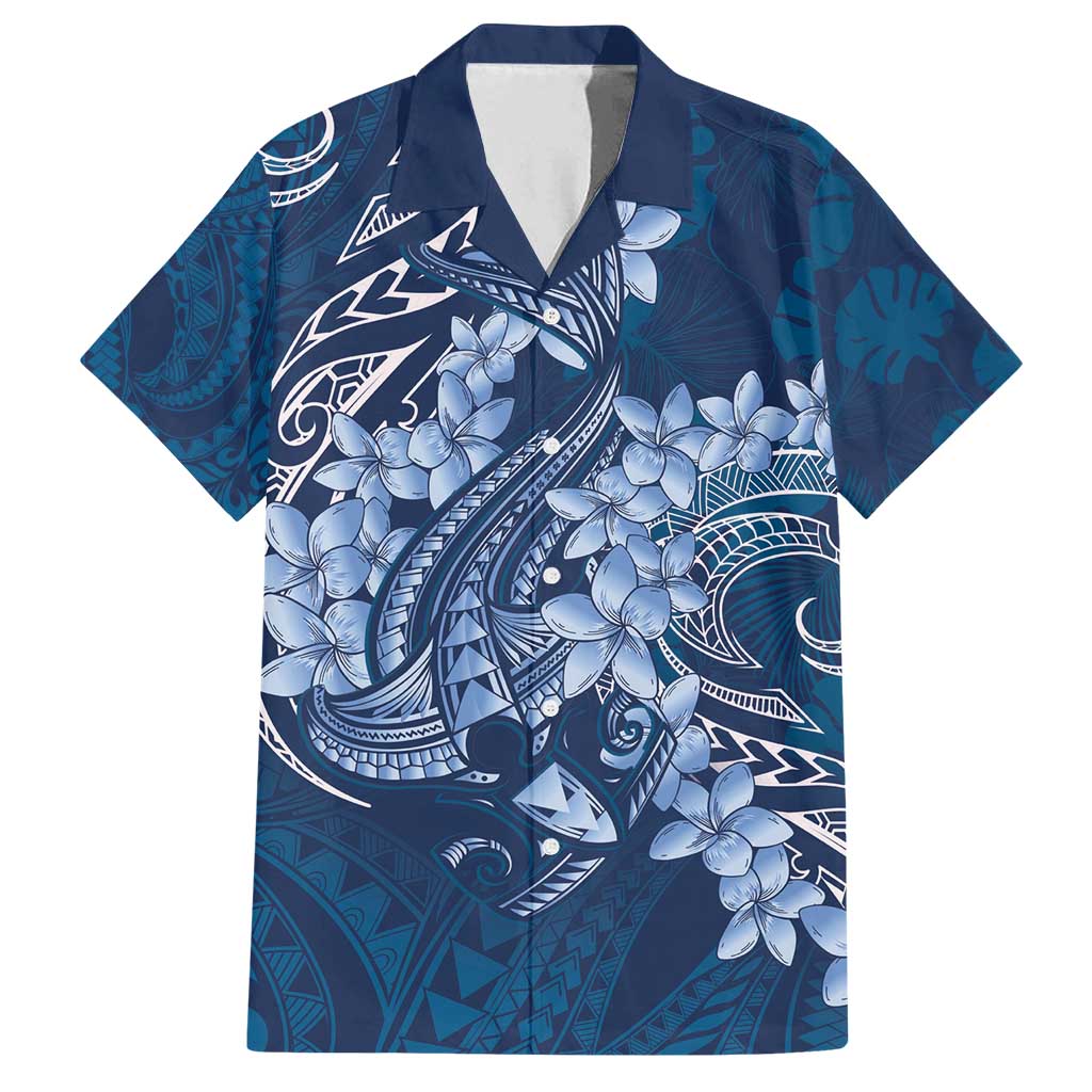 Navy Blue Polynesia Hammerhead Shark Tattoo With Plumeria Lei Family Matching Long Sleeve Bodycon Dress and Hawaiian Shirt LT14 Dad's Shirt - Short Sleeve Navy Blue - Polynesian Pride