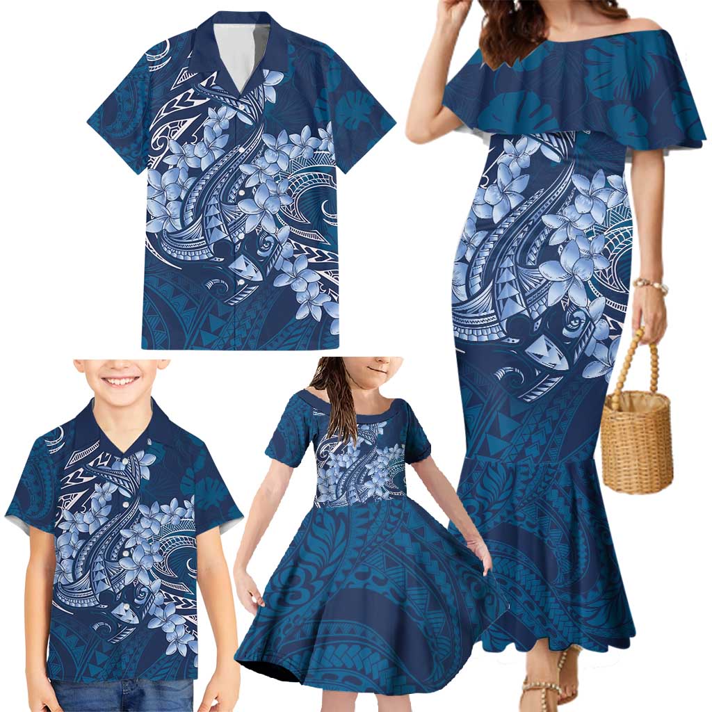 Navy Blue Polynesia Hammerhead Shark Tattoo With Plumeria Lei Family Matching Mermaid Dress and Hawaiian Shirt