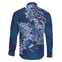 Navy Blue Polynesia Hammerhead Shark Tattoo With Plumeria Lei Family Matching Off The Shoulder Long Sleeve Dress and Hawaiian Shirt