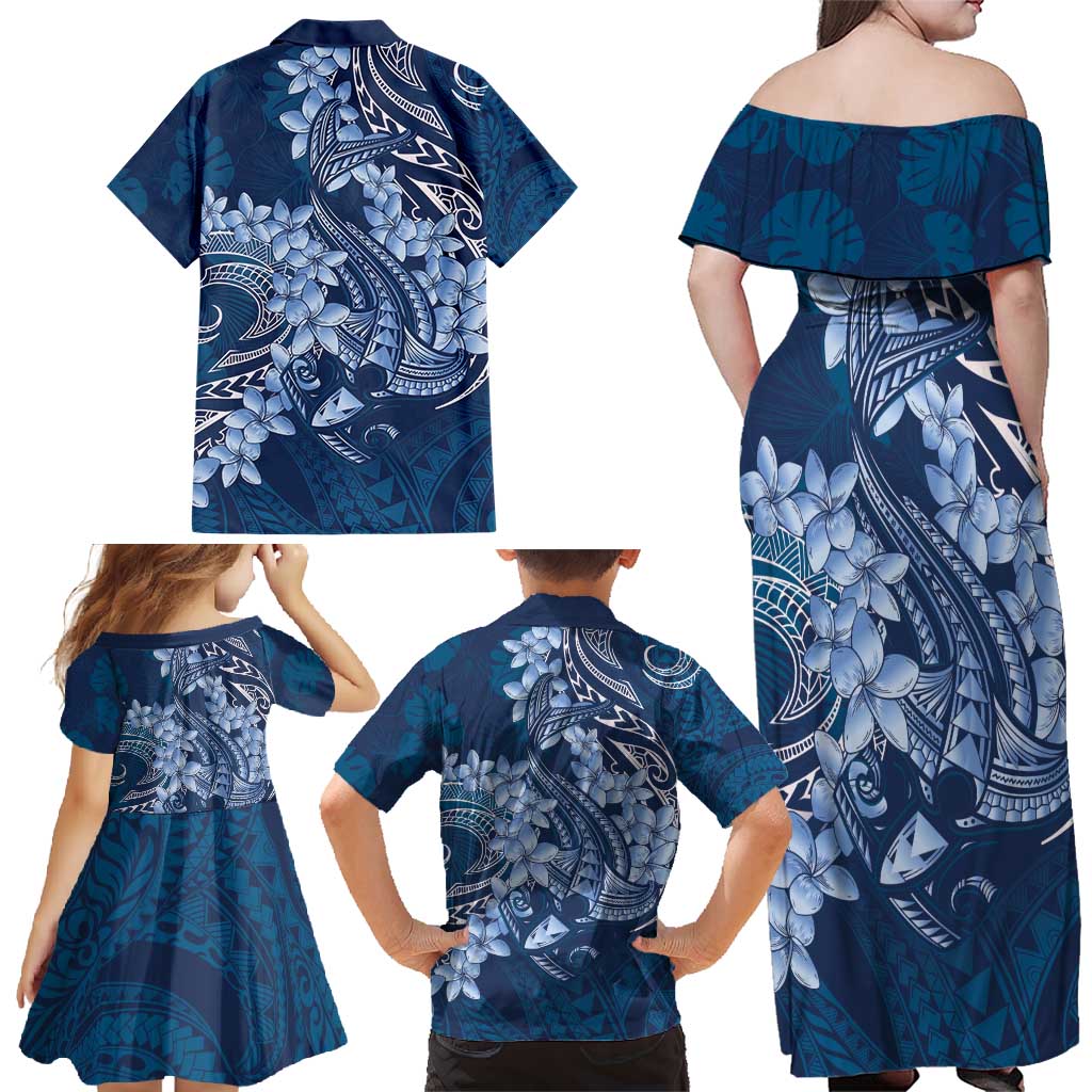 Navy Blue Polynesia Hammerhead Shark Tattoo With Plumeria Lei Family Matching Off Shoulder Maxi Dress and Hawaiian Shirt