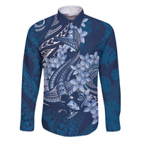 Navy Blue Polynesia Hammerhead Shark Tattoo With Plumeria Lei Family Matching Off Shoulder Maxi Dress and Hawaiian Shirt