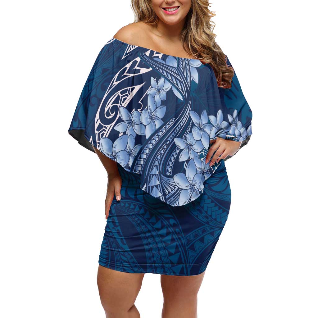 Navy Blue Polynesia Hammerhead Shark Tattoo With Plumeria Lei Family Matching Off Shoulder Short Dress and Hawaiian Shirt