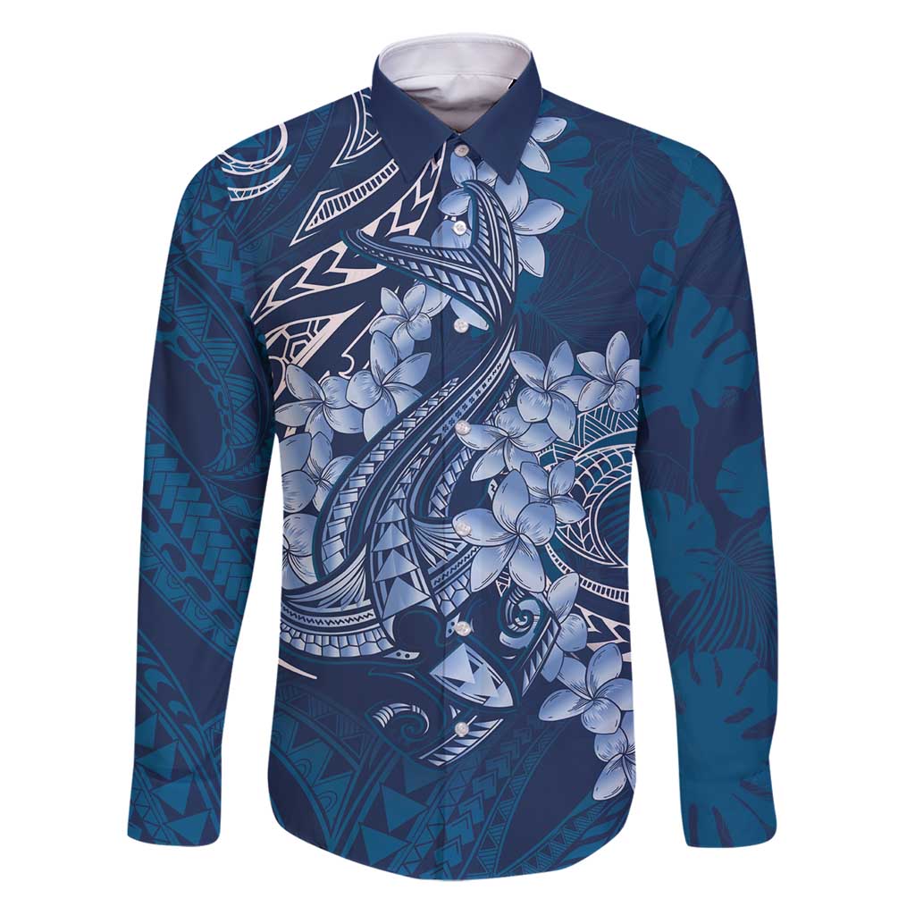 Navy Blue Polynesia Hammerhead Shark Tattoo With Plumeria Lei Family Matching Puletasi and Hawaiian Shirt