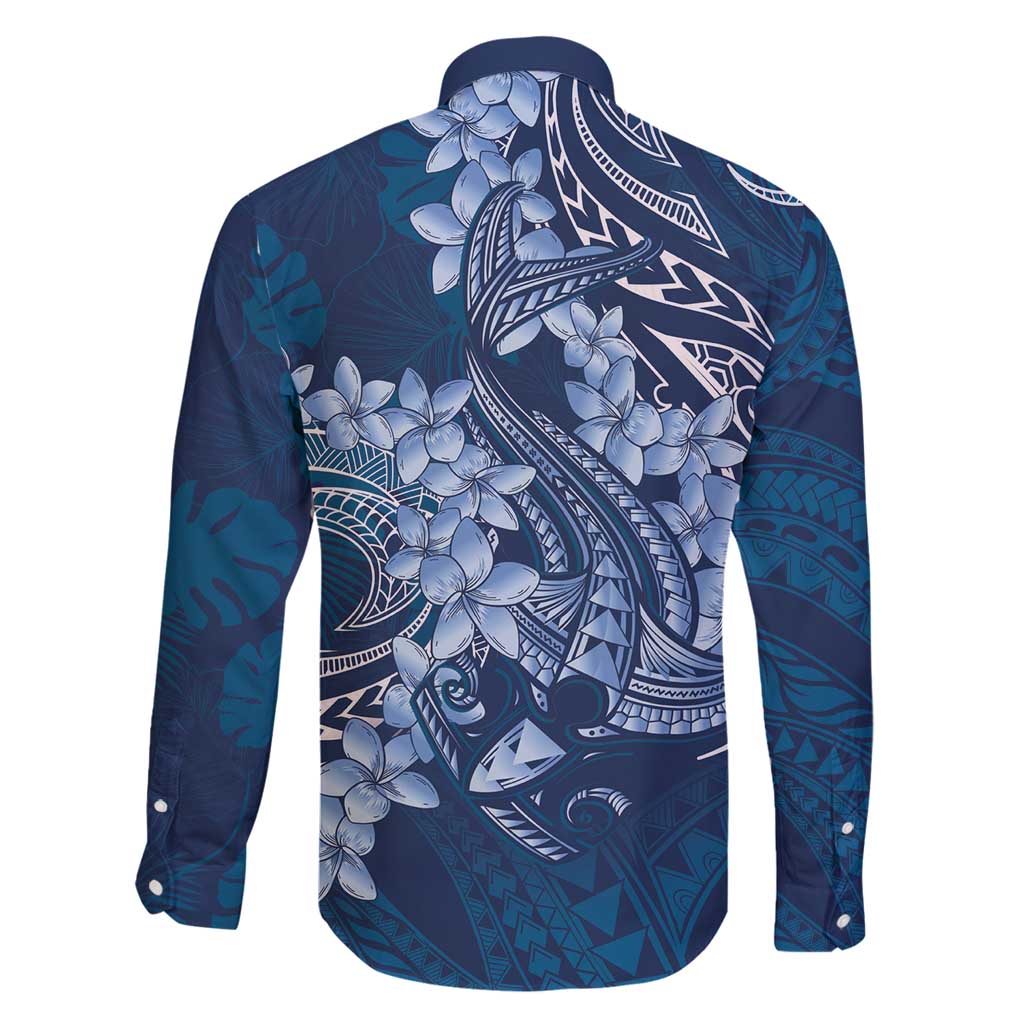Navy Blue Polynesia Hammerhead Shark Tattoo With Plumeria Lei Family Matching Puletasi and Hawaiian Shirt