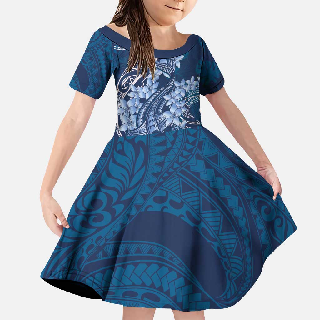 Navy Blue Polynesia Hammerhead Shark Tattoo With Plumeria Lei Family Matching Short Sleeve Bodycon Dress and Hawaiian Shirt LT14 Daughter's Dress Navy Blue - Polynesian Pride